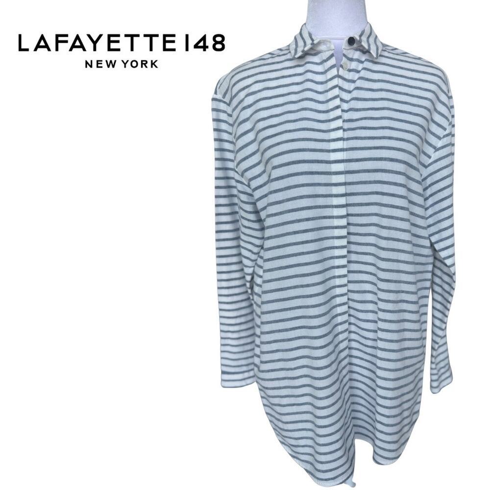 Lafayette 148 New York Button Down White Blue Stripe Tunic Small S Cotton Linen - Picture 3 of 10